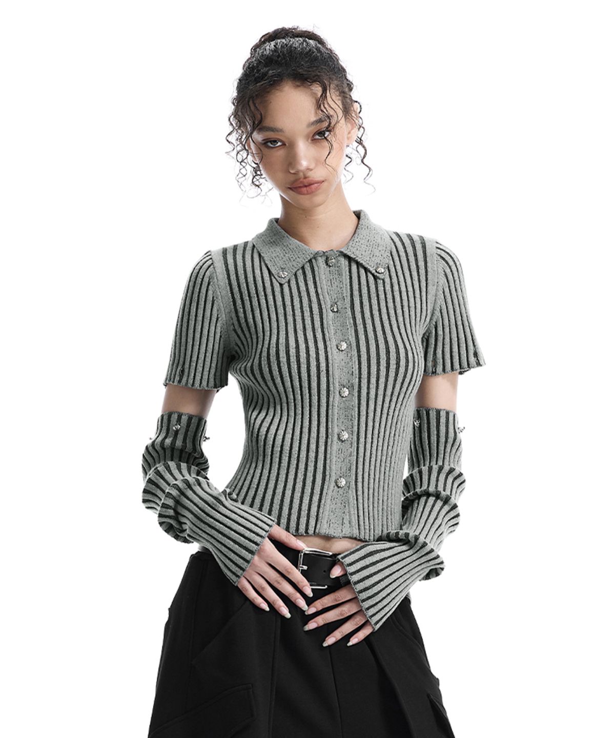 트리밍버드(TREEMINGBIRD) 2-way Sleeve Ribbed Cardigan [ Gray ]