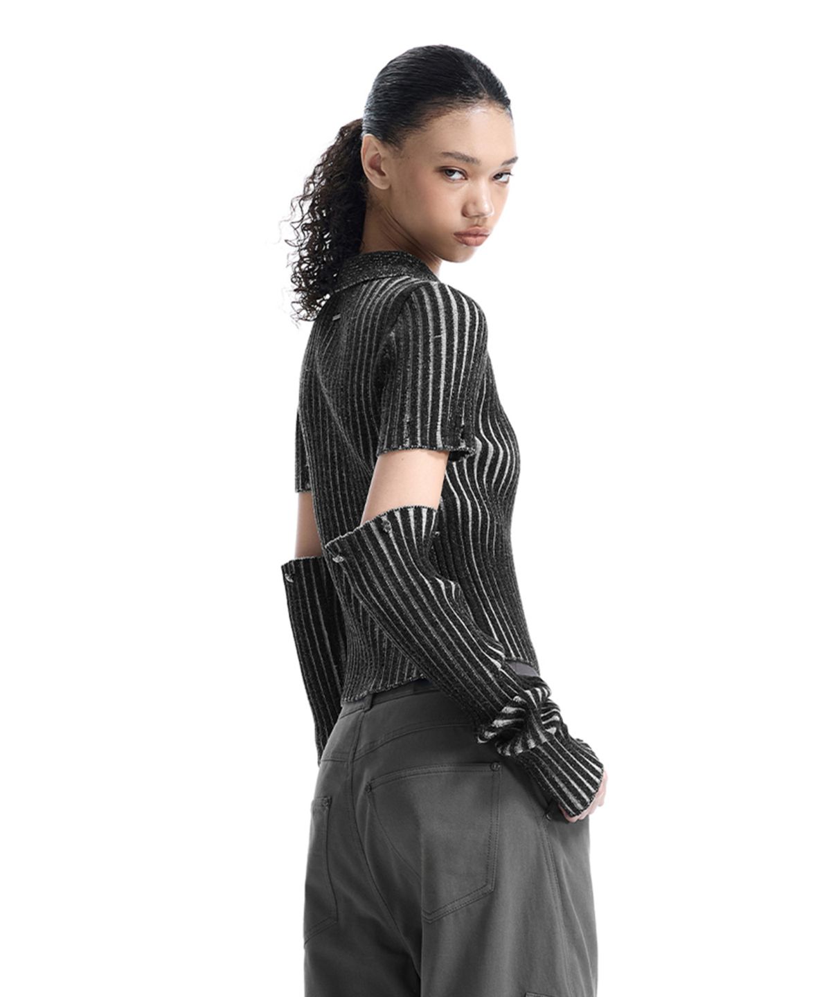 트리밍버드(TREEMINGBIRD) 2-way Sleeve Ribbed Cardigan [ Black ]