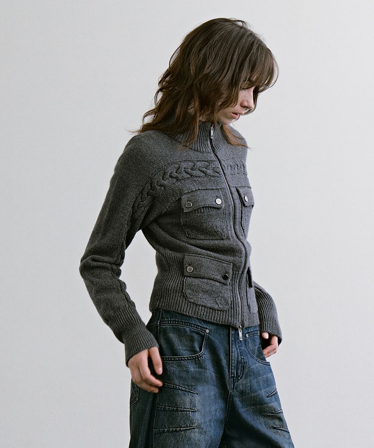 트리밍버드(TREEMINGBIRD) 4-Pocket Knit Zip-up [ Gray ]