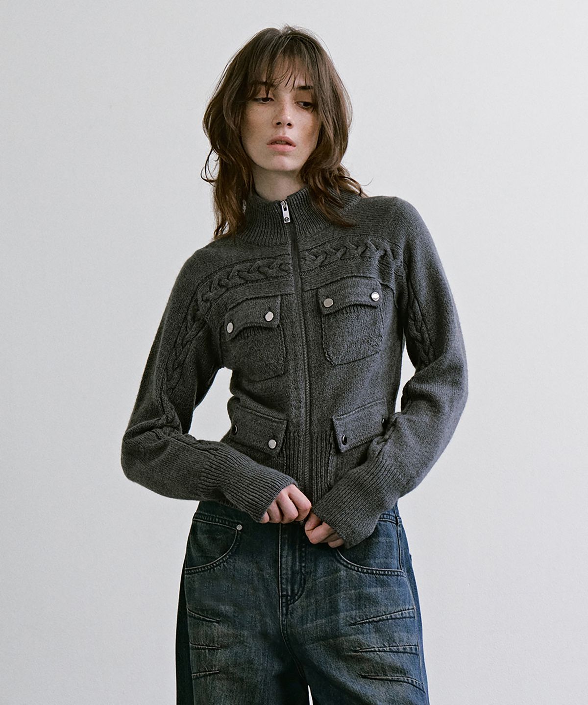 트리밍버드(TREEMINGBIRD) 4-Pocket Knit Zip-up [ Gray ]