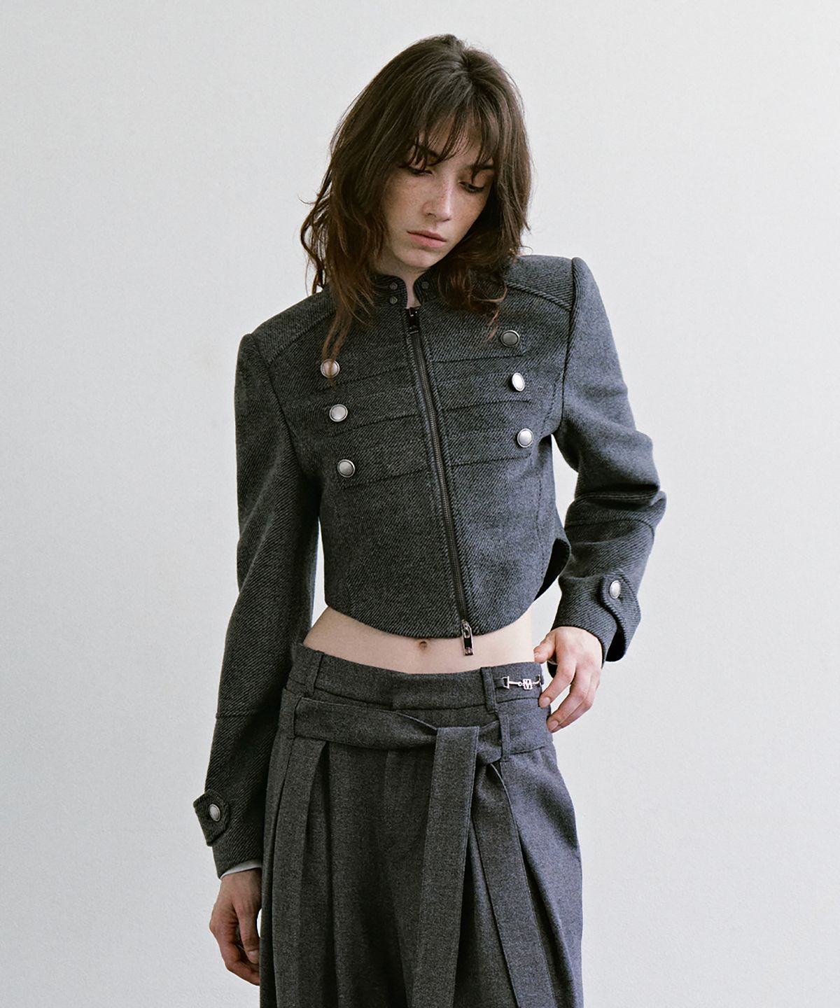트리밍버드(TREEMINGBIRD) Crop Band Jacket [ Charcoal ]