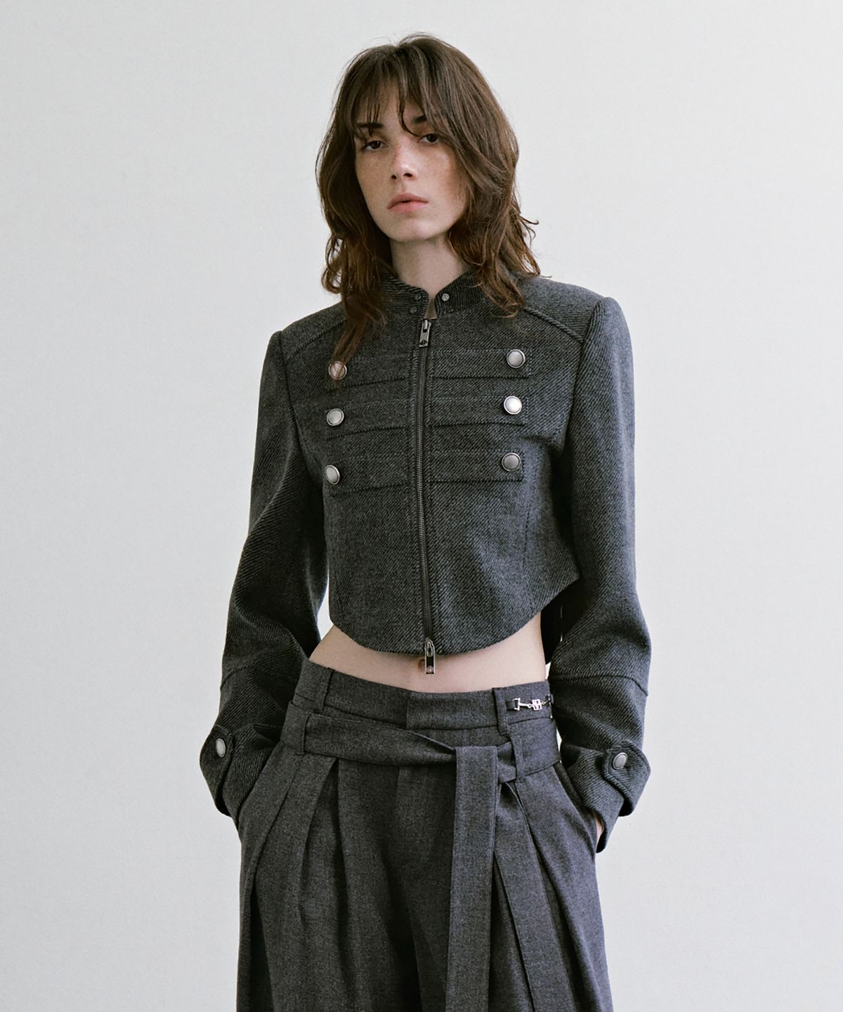 트리밍버드(TREEMINGBIRD) Crop Band Jacket [ Charcoal ]