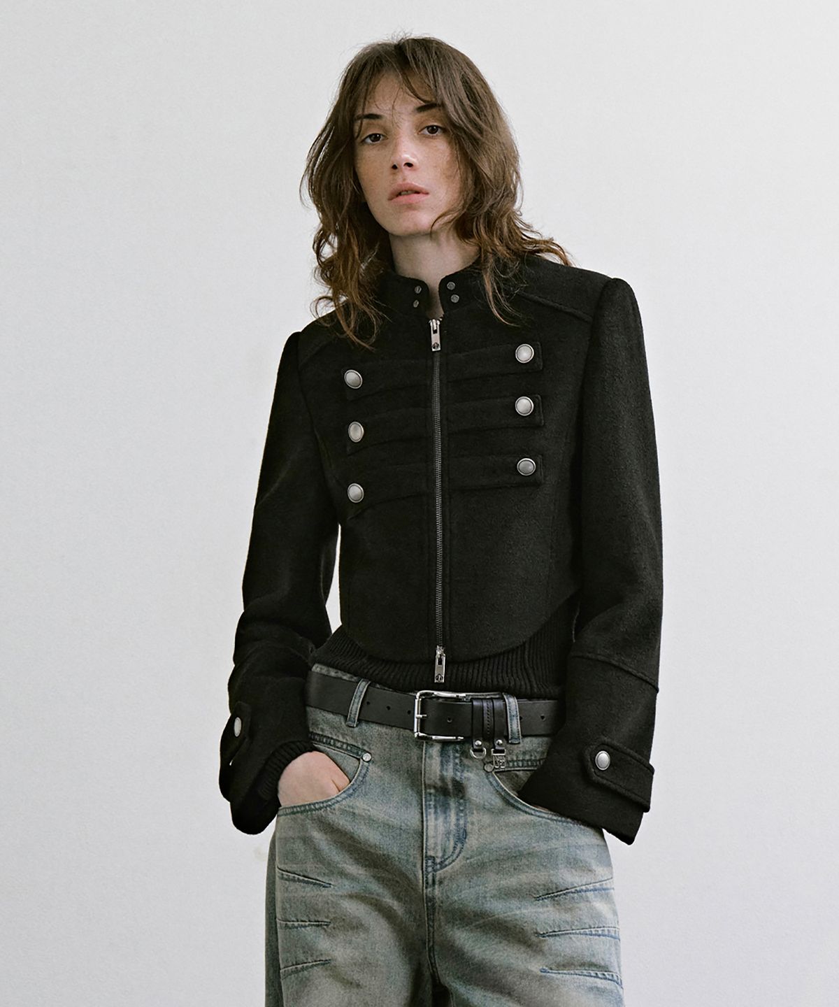 트리밍버드(TREEMINGBIRD) Crop Band Jacket [ Black ]