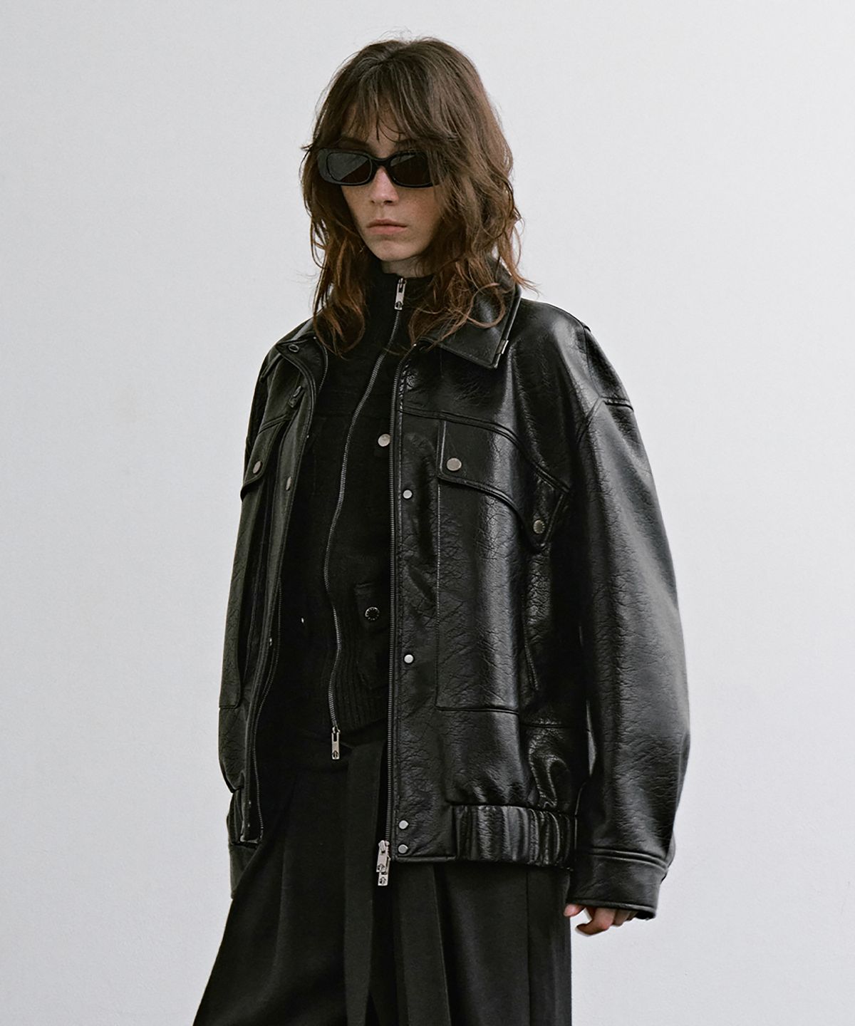트리밍버드(TREEMINGBIRD) Diagonal Leather Blouson Jumper [ Black ]