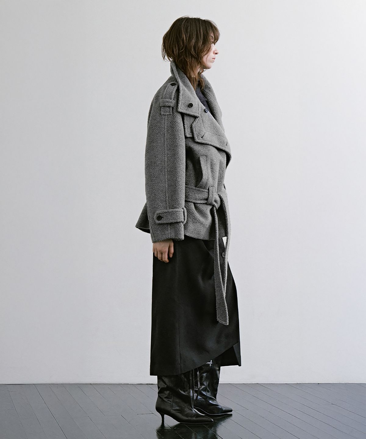 트리밍버드(TREEMINGBIRD) High-Neck Convertible Belted Half Coat [ Gray ]