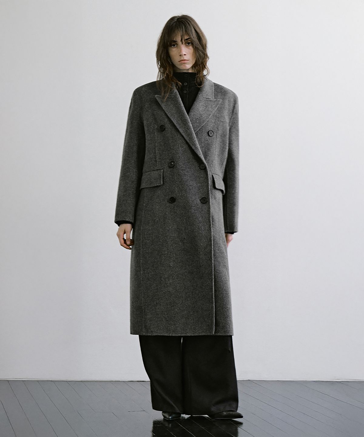 트리밍버드(TREEMINGBIRD) Peaked-Lapel Double-Breasted Handmade Coat [ Gray ]