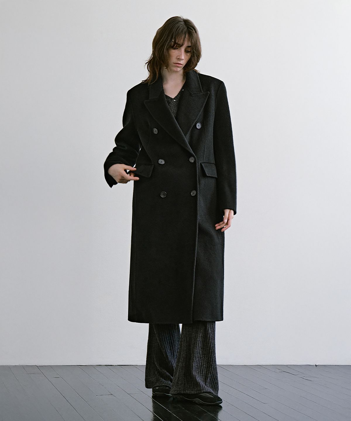 트리밍버드(TREEMINGBIRD) Peaked-Lapel Double-Breasted Handmade Coat [ Black ]