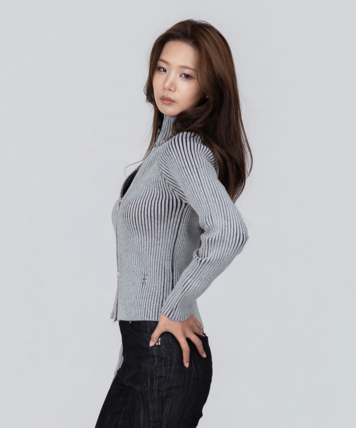 포스333(PHOS333) W Stand Neck Knit Zip-Up/Grey