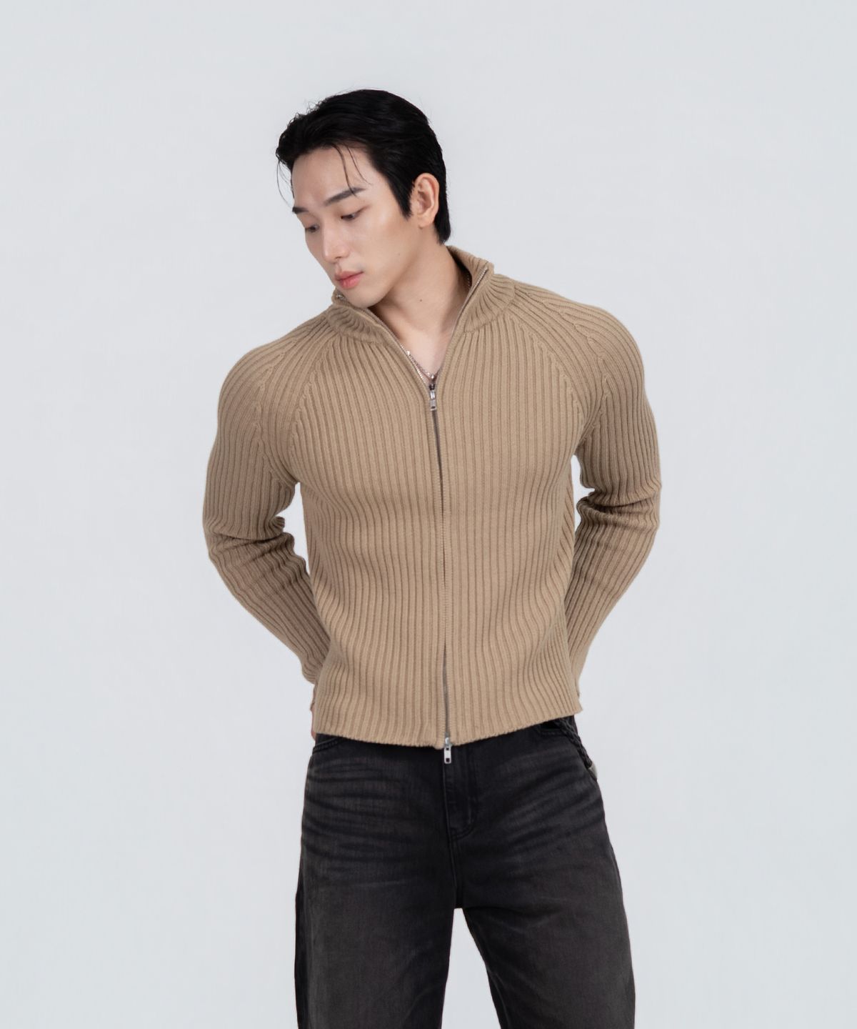 포스333(PHOS333) M Stand Neck Knit Zip-Up/Beige