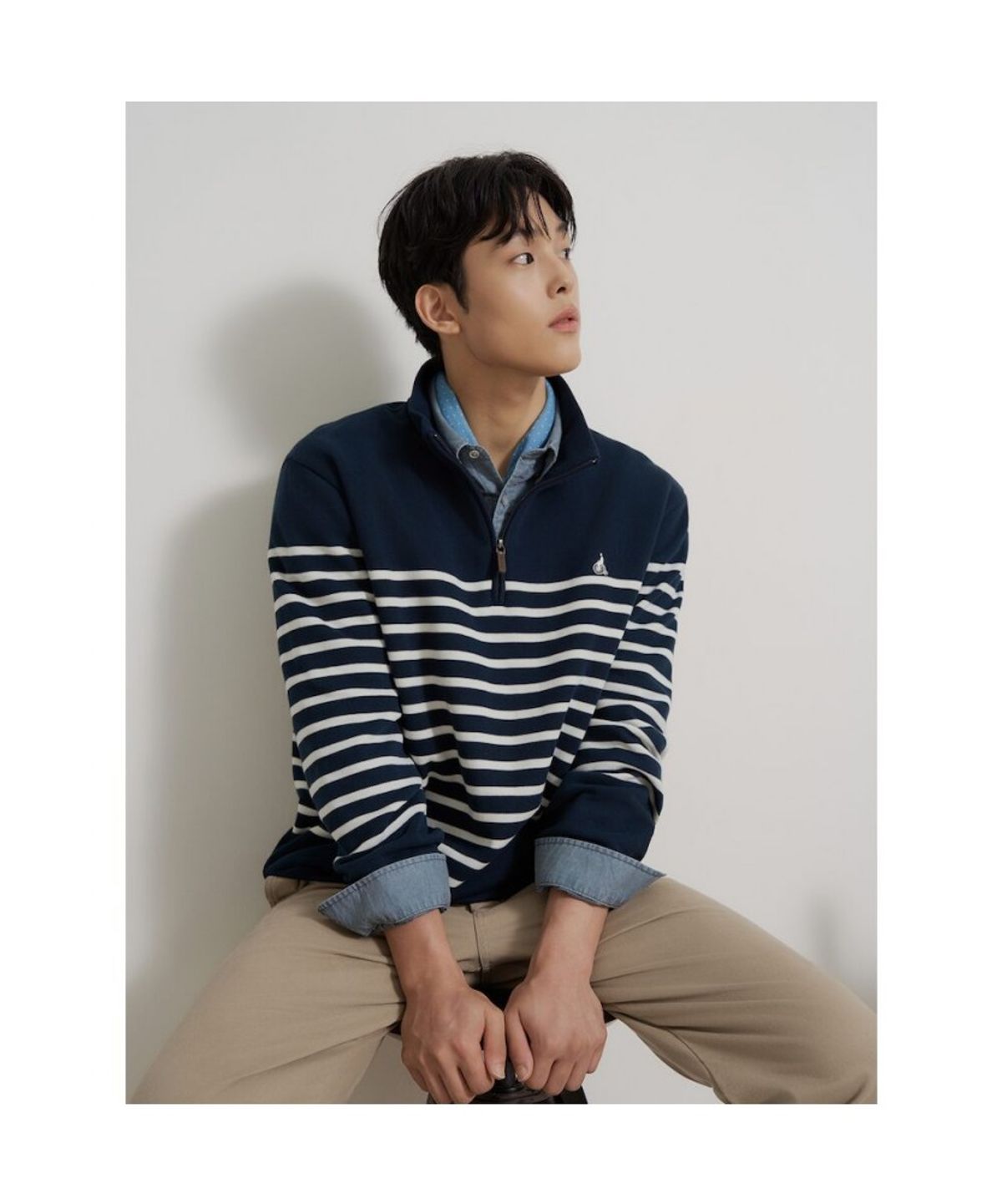 빈폴 멘(BEANPOLE MEN) 소프트 더블 저지 쿼터집 스트라이프 티셔츠  네이비