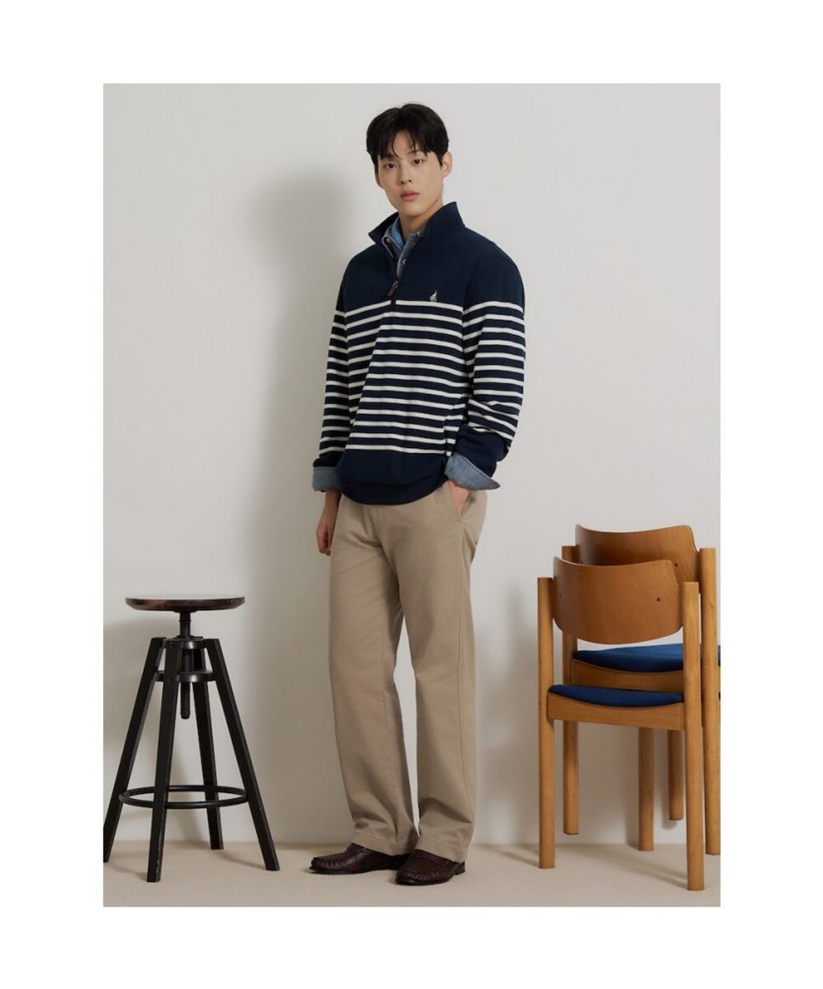 빈폴 멘(BEANPOLE MEN) 소프트 더블 저지 쿼터집 스트라이프 티셔츠  네이비