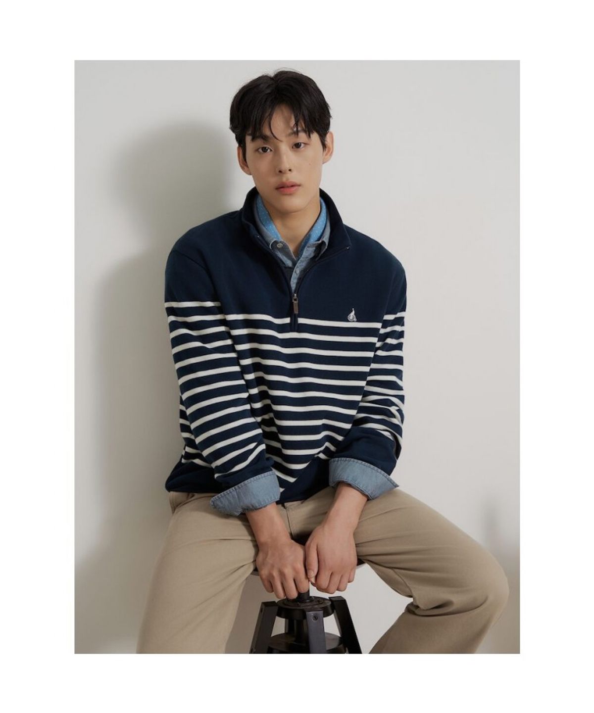 빈폴 멘(BEANPOLE MEN) 소프트 더블 저지 쿼터집 스트라이프 티셔츠  네이비