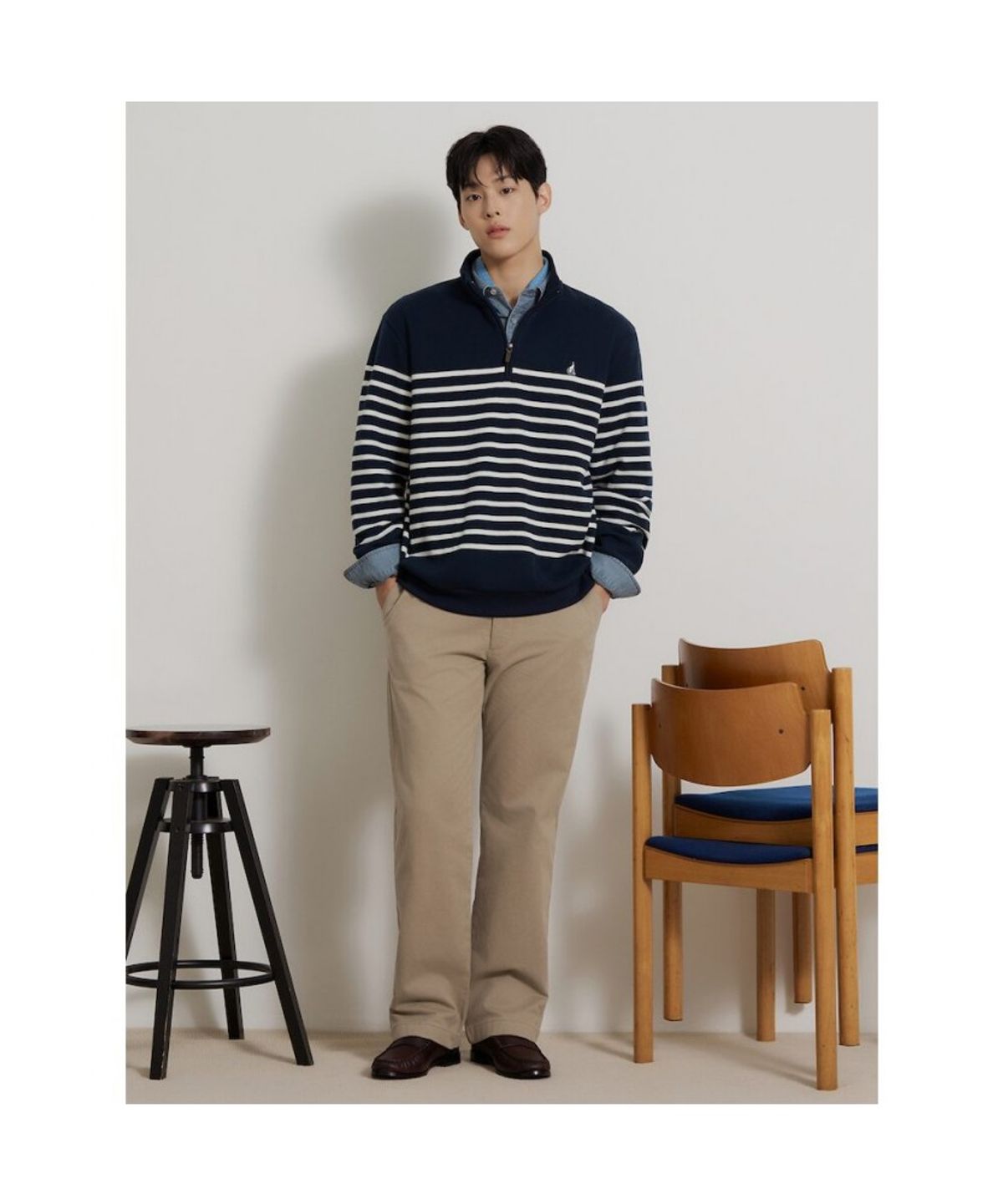 빈폴 멘(BEANPOLE MEN) 소프트 더블 저지 쿼터집 스트라이프 티셔츠  네이비