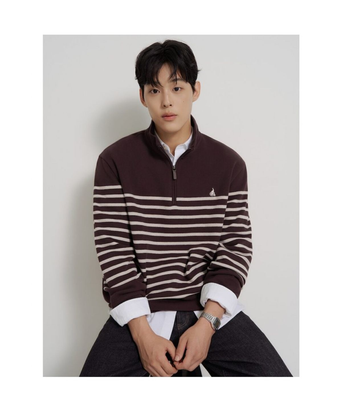빈폴 멘(BEANPOLE MEN) 소프트 더블 저지 쿼터집 스트라이프 티셔츠  와인