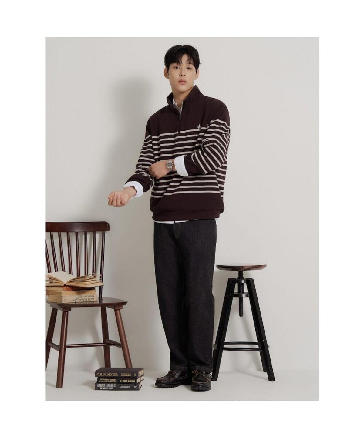 빈폴 멘(BEANPOLE MEN) 소프트 더블 저지 쿼터집 스트라이프 티셔츠  와인