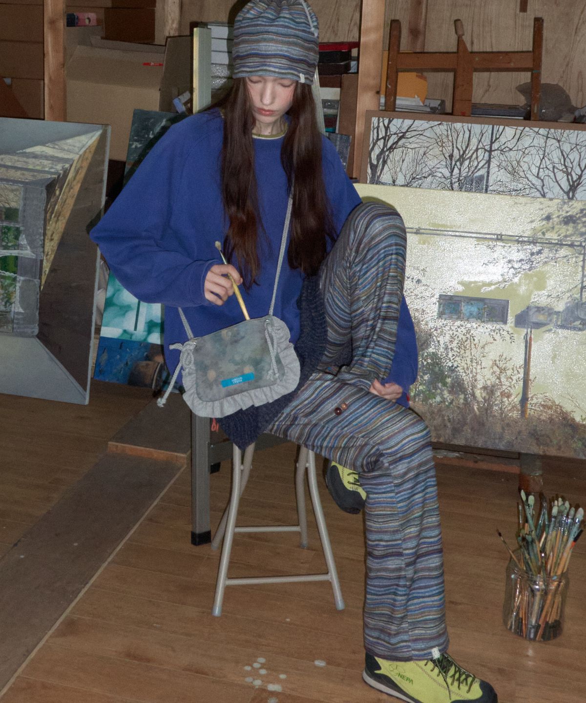 메종크렘(MAISON CREME) Perfect bootscut banding pants_Green stripe