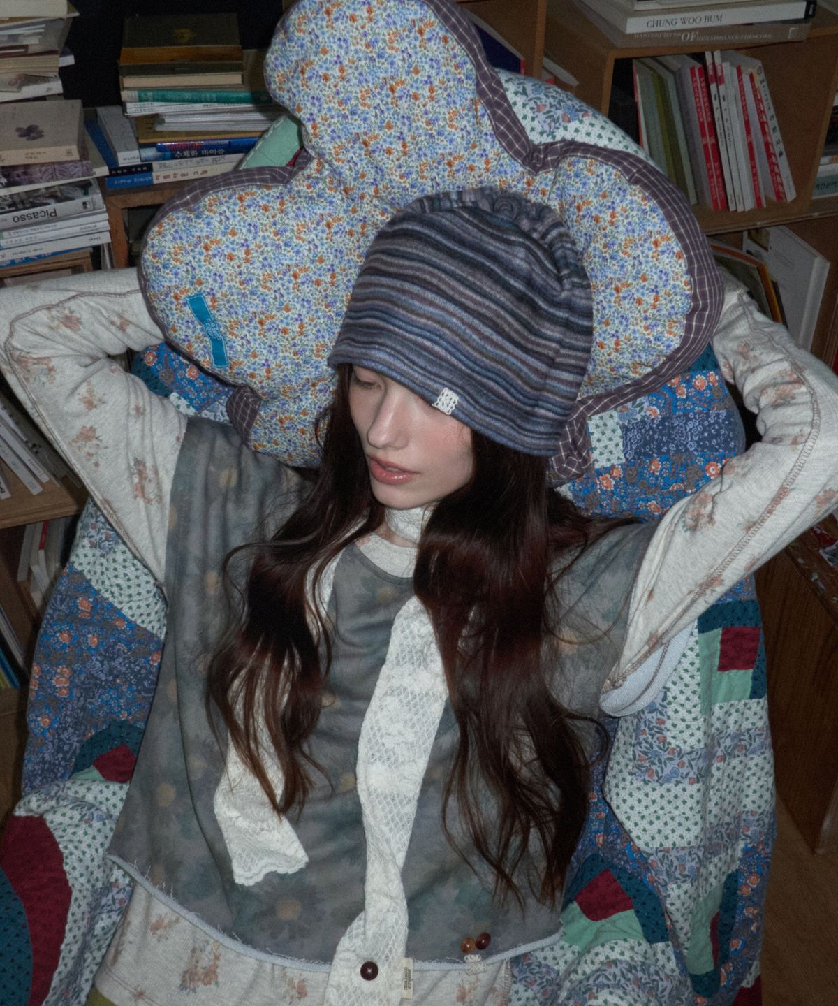 메종크렘(MAISON CREME) String loose beanie_Black stripe