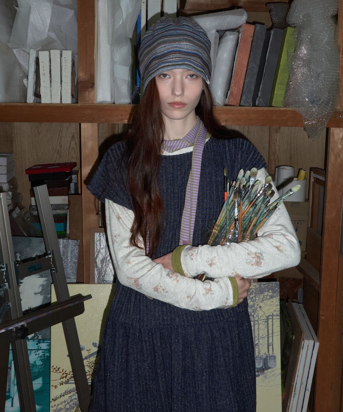 메종크렘(MAISON CREME) long petty scarf_Purple stripe
