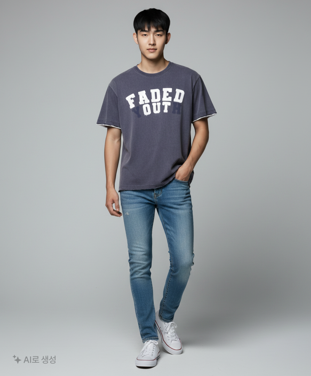 엑스톤즈(XTONZ) XF014 아치 아플리케 데미지 워싱 티셔츠 (NAVY) L