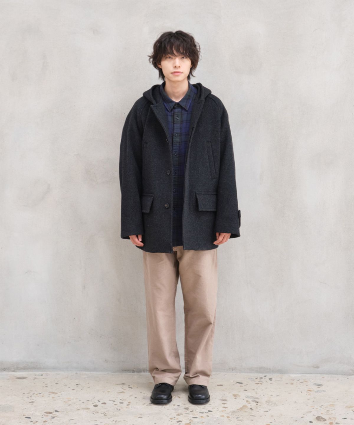 홀리선(HORLISUN) Longgrove Wool Hood Half Coat Melange Black