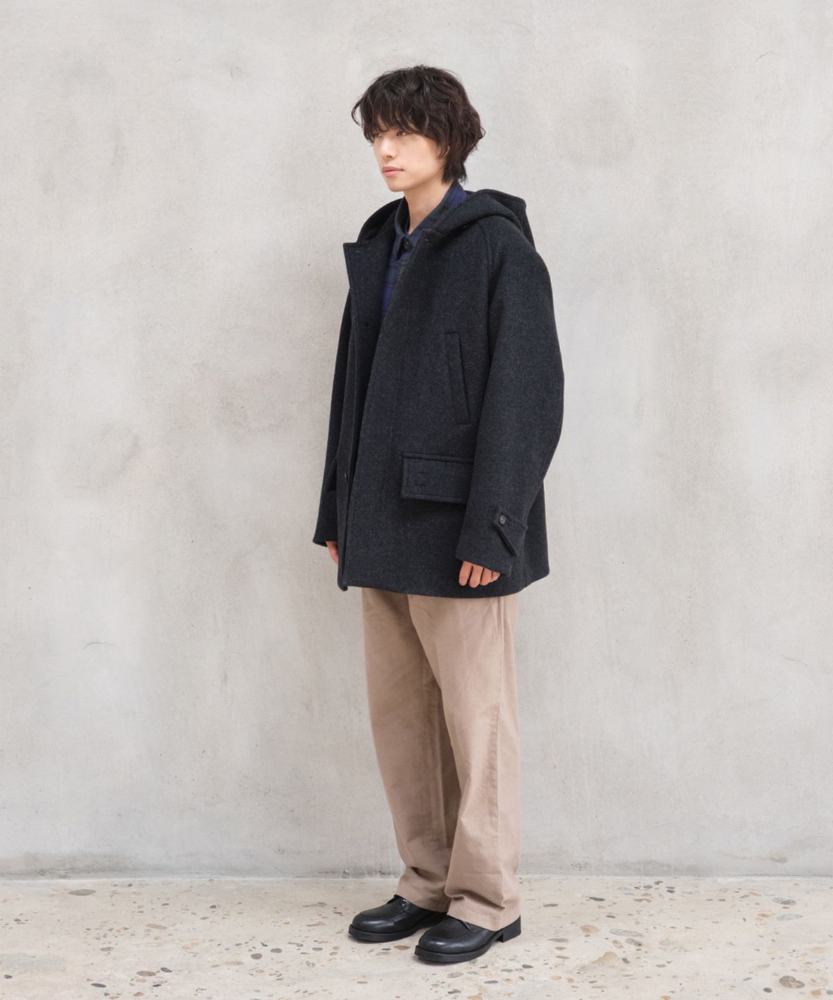 홀리선(HORLISUN) Longgrove Wool Hood Half Coat Melange Black