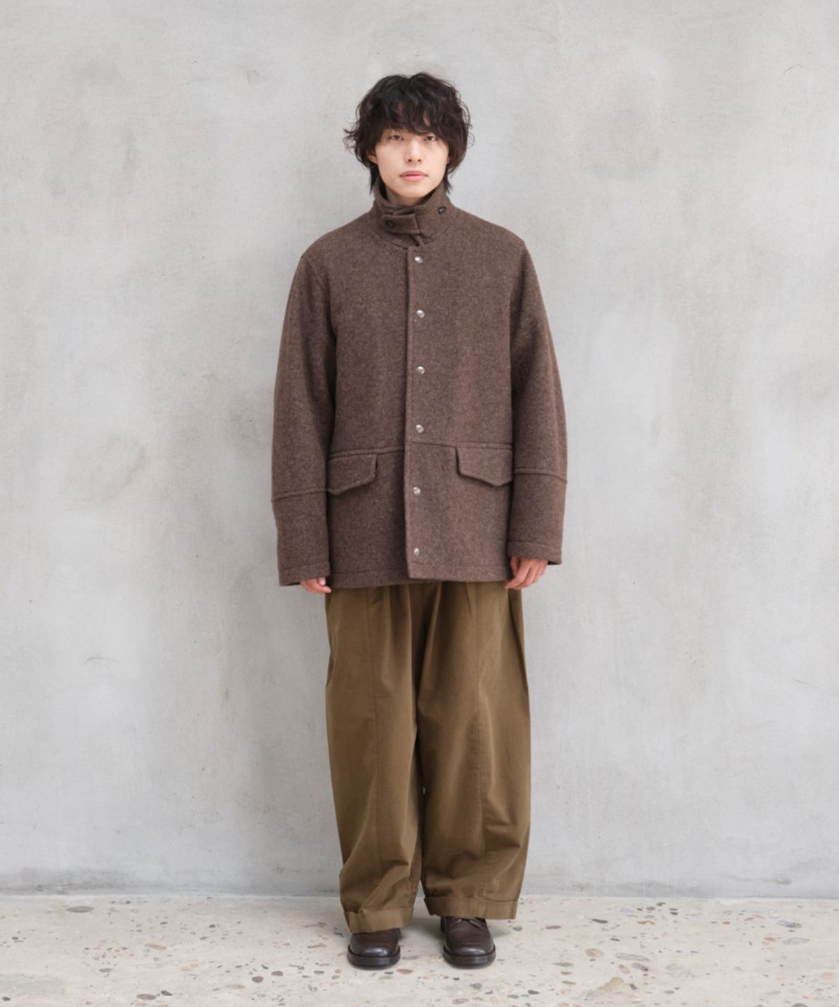 홀리선(HORLISUN) Idaho Snap Button Wool Half Coat Melange Brown