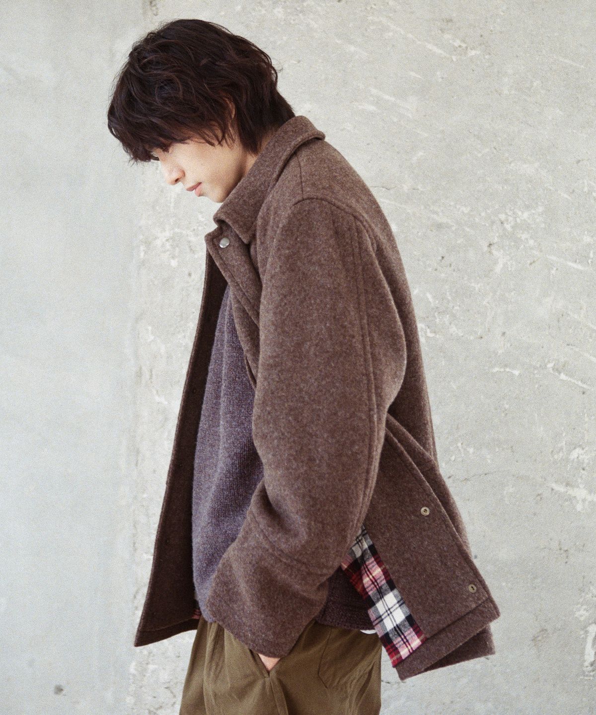 홀리선(HORLISUN) Idaho Snap Button Wool Half Coat Melange Brown