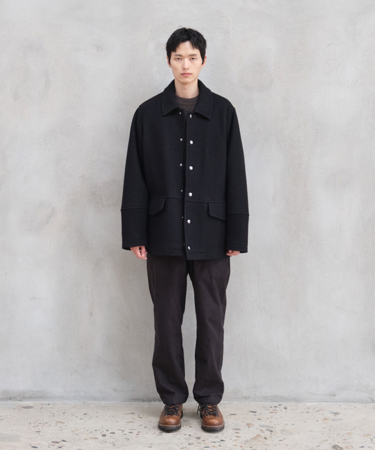 홀리선(HORLISUN) Idaho Snap Button Wool Half Coat Black