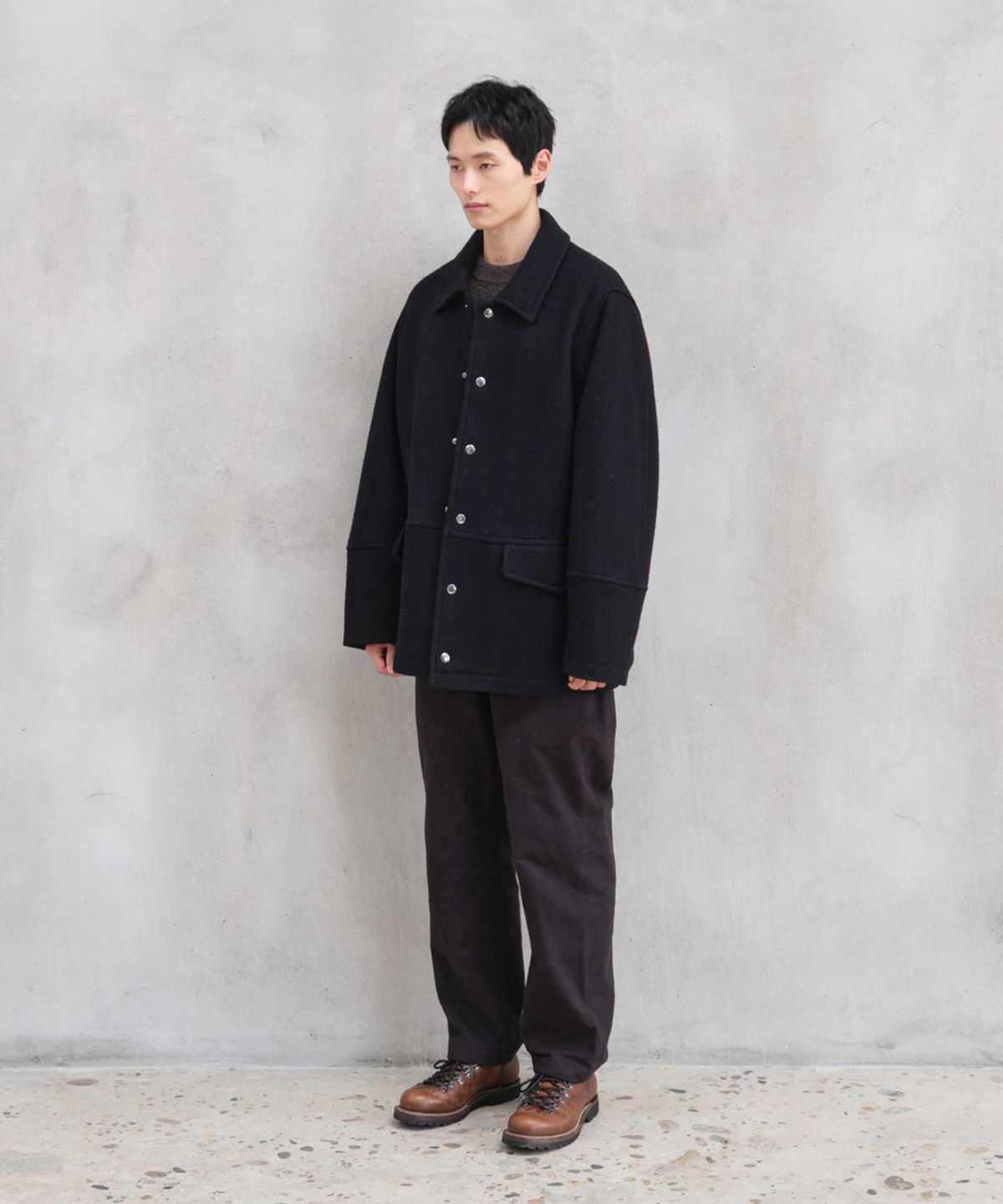 홀리선(HORLISUN) Idaho Snap Button Wool Half Coat Black