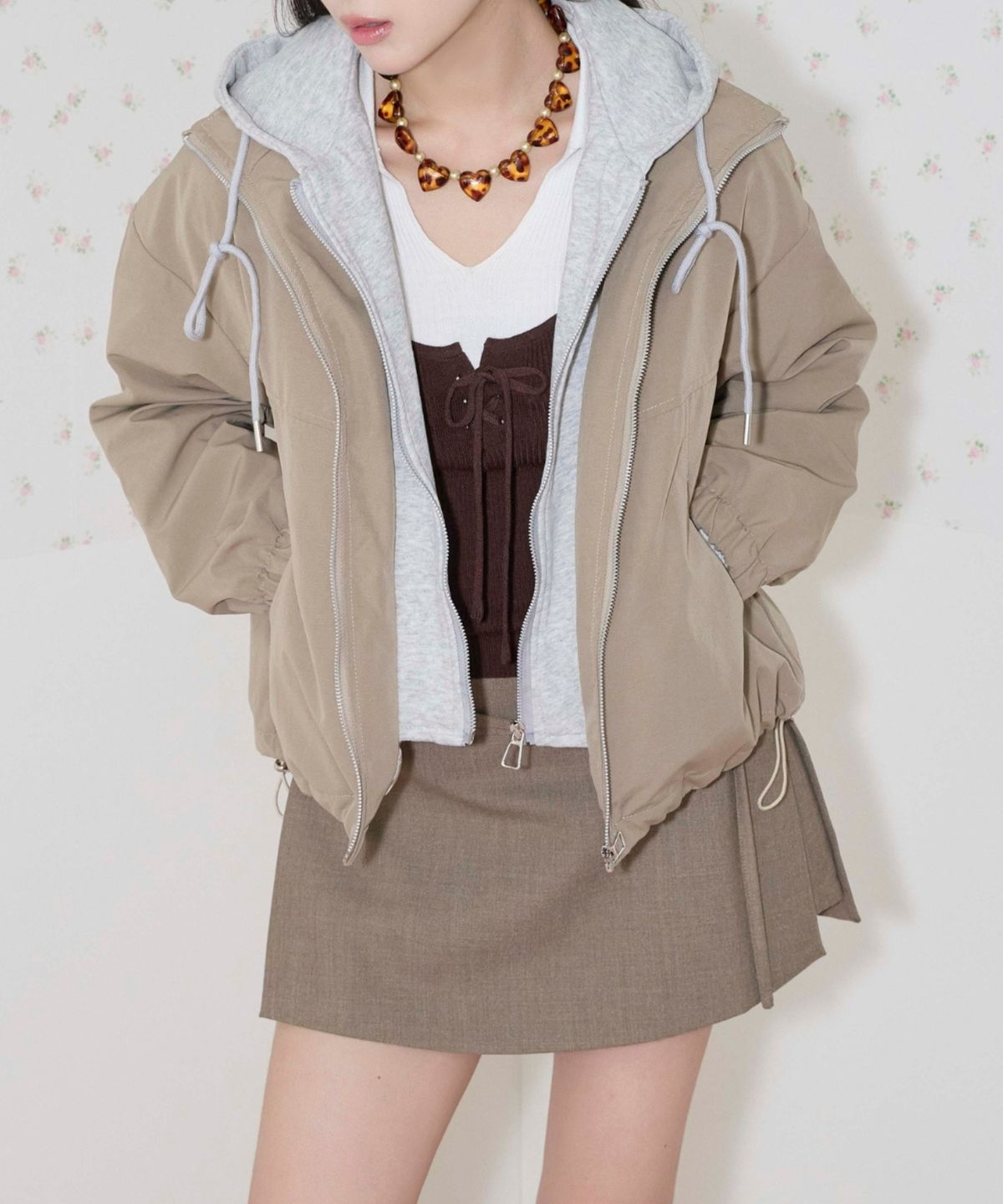 쿨키튼(KOOLKITTEN) Hooded Contrast Zip-Up Jumper (BEIGE)