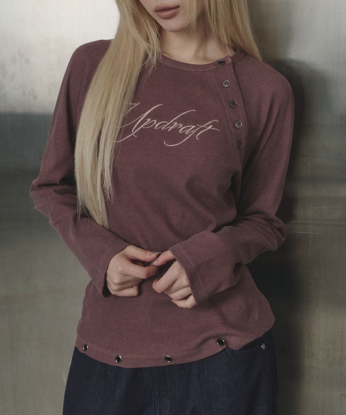 업드래프트(UPDRAFT) Pigment button henley long-sleeve [Vintage burgundy]