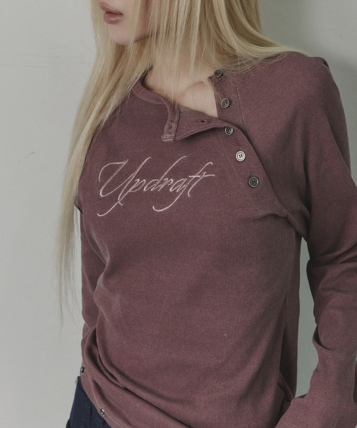 업드래프트(UPDRAFT) Pigment button henley long-sleeve [Vintage burgundy]