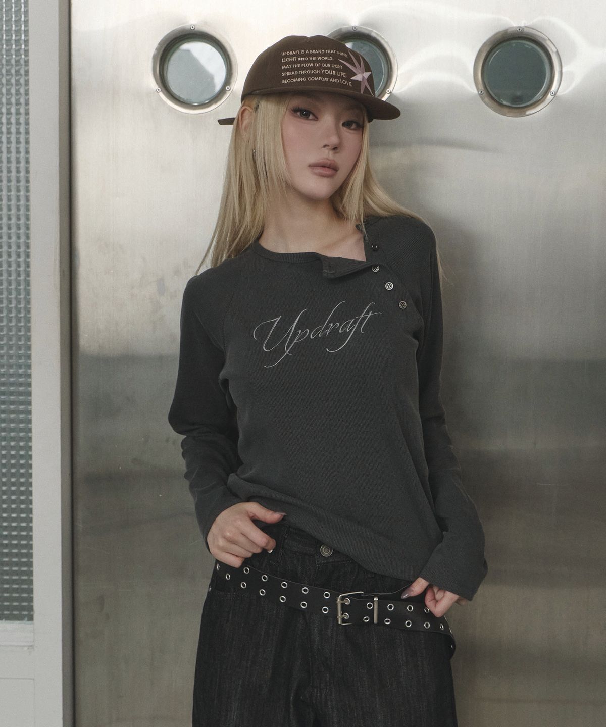 업드래프트(UPDRAFT) Pigment button henley long-sleeve [Grey]