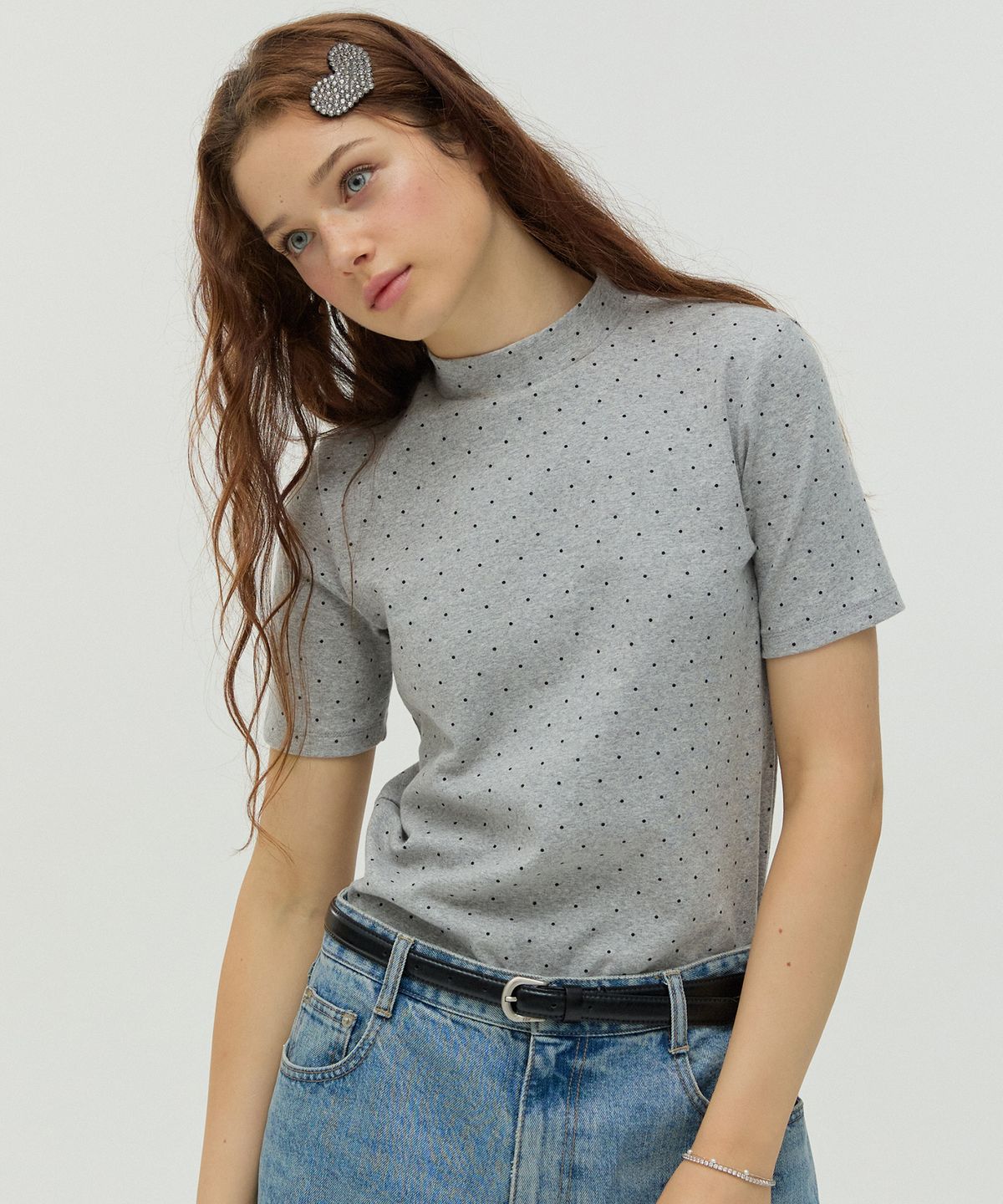 뉴루키(NEW LOOKY) Mock-neck short-sleeve  T-shirt _Melange Gray