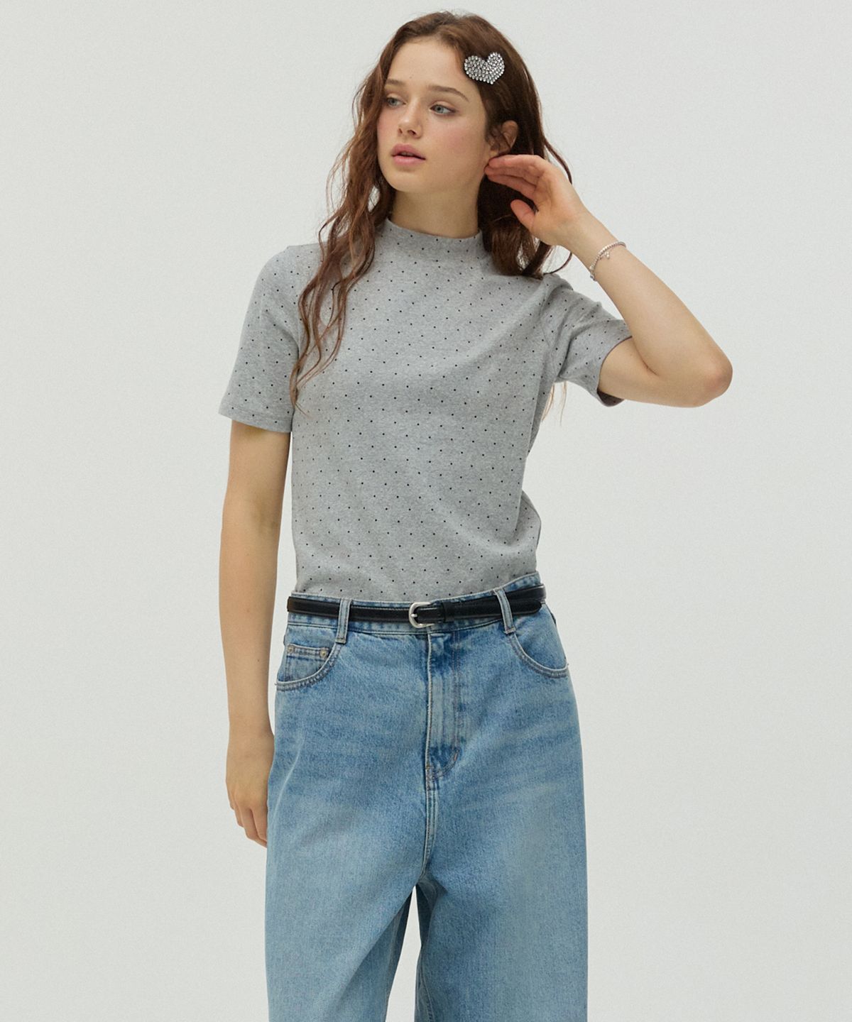 뉴루키(NEW LOOKY) Mock-neck short-sleeve  T-shirt _Melange Gray