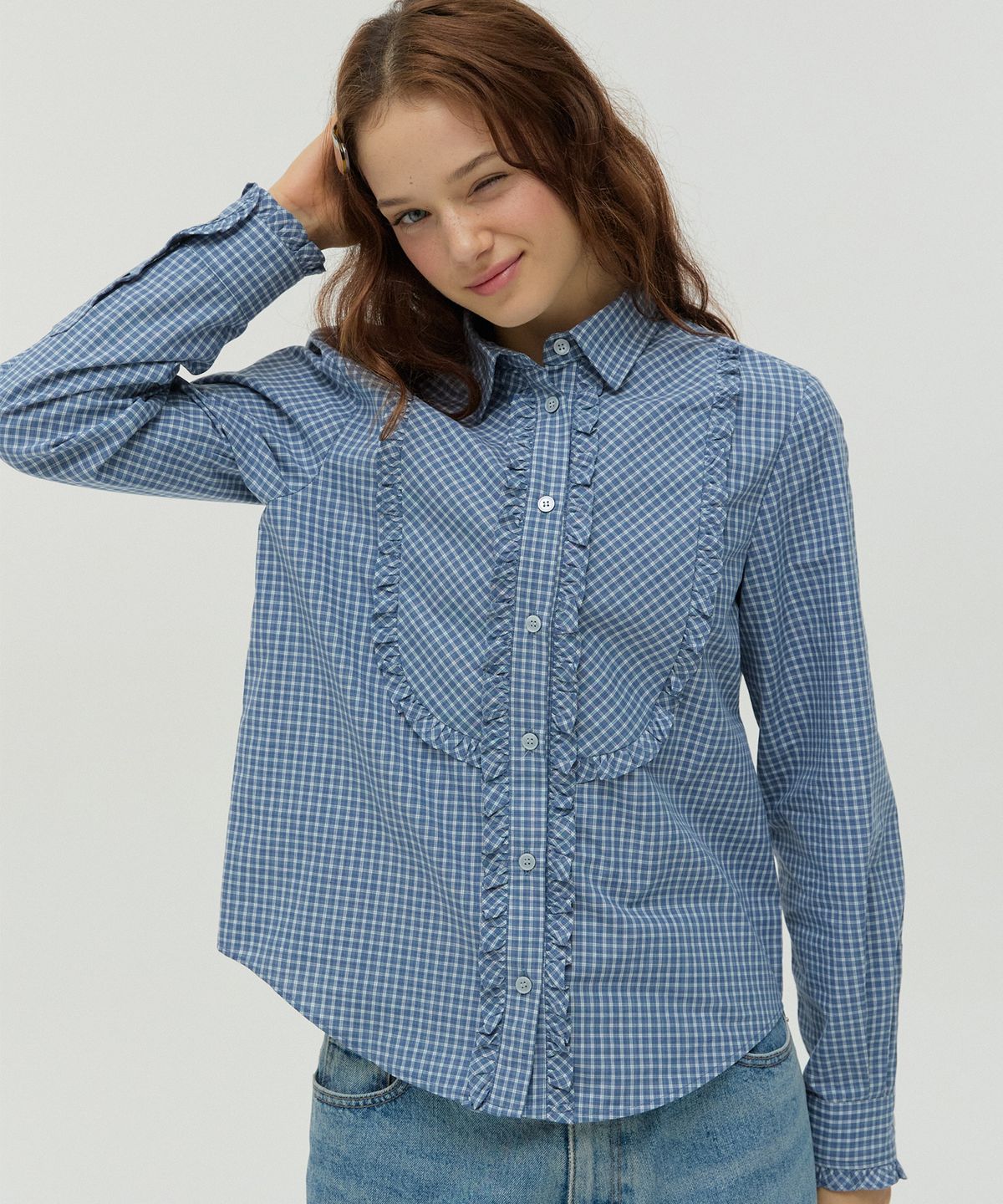 뉴루키(NEW LOOKY) Ruffled Checkered Shirt _Light blue