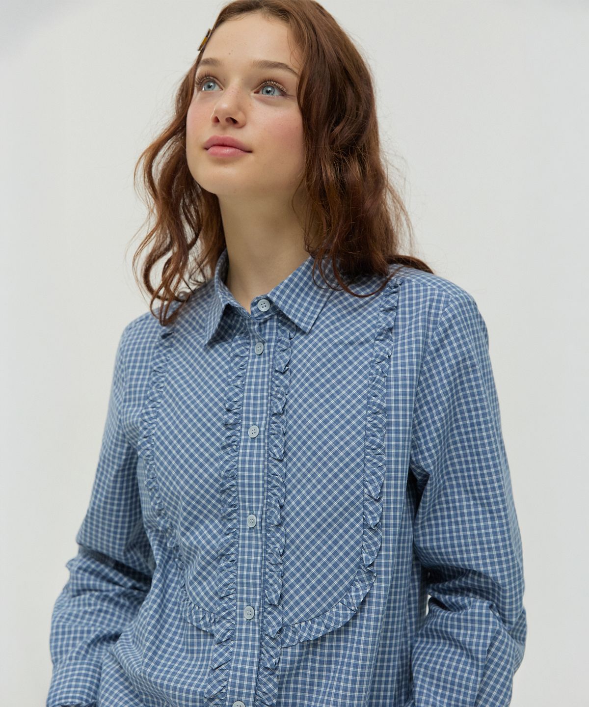 뉴루키(NEW LOOKY) Ruffled Checkered Shirt _Light blue