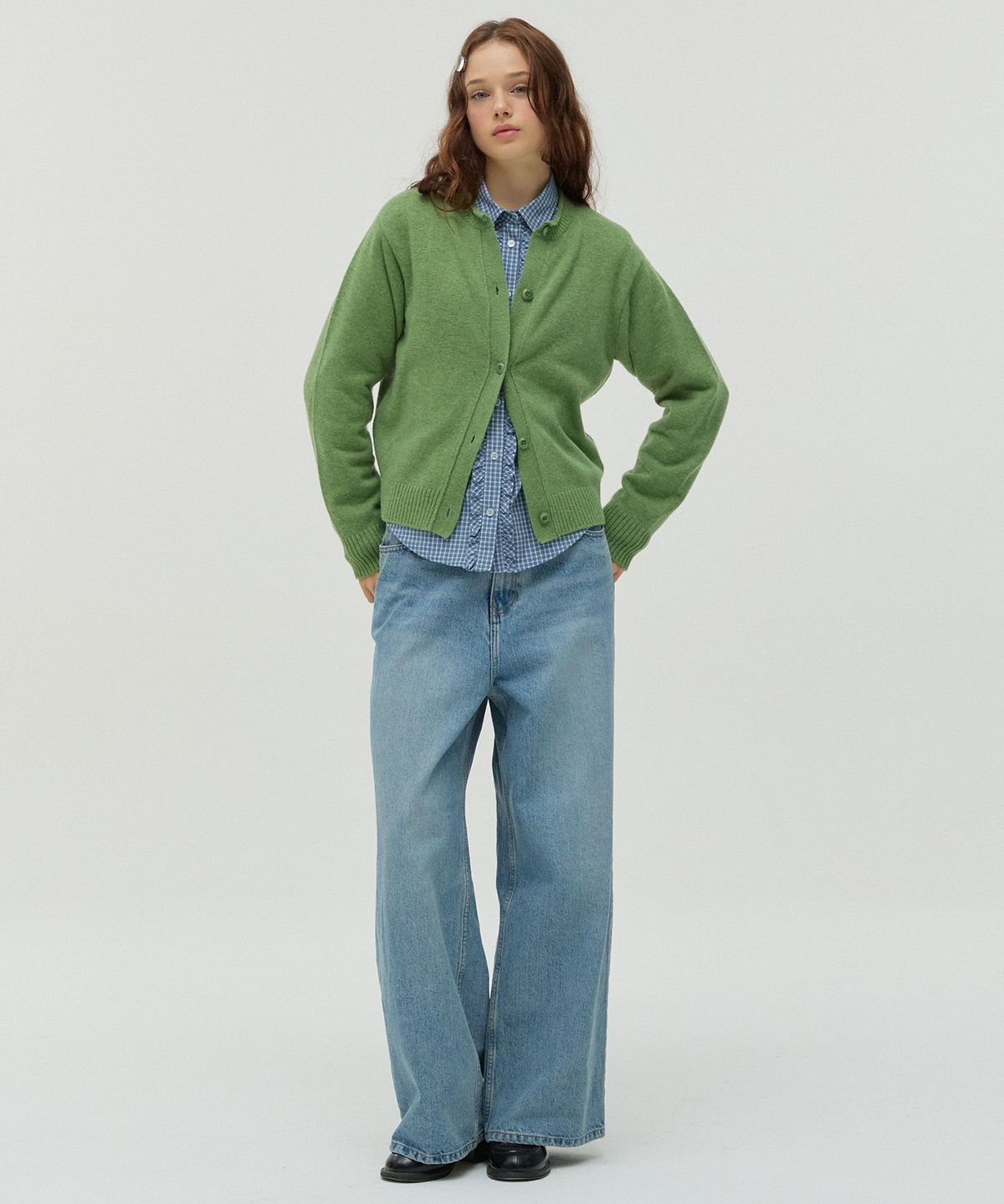 뉴루키(NEW LOOKY) Ruffled Checkered Shirt _Light blue