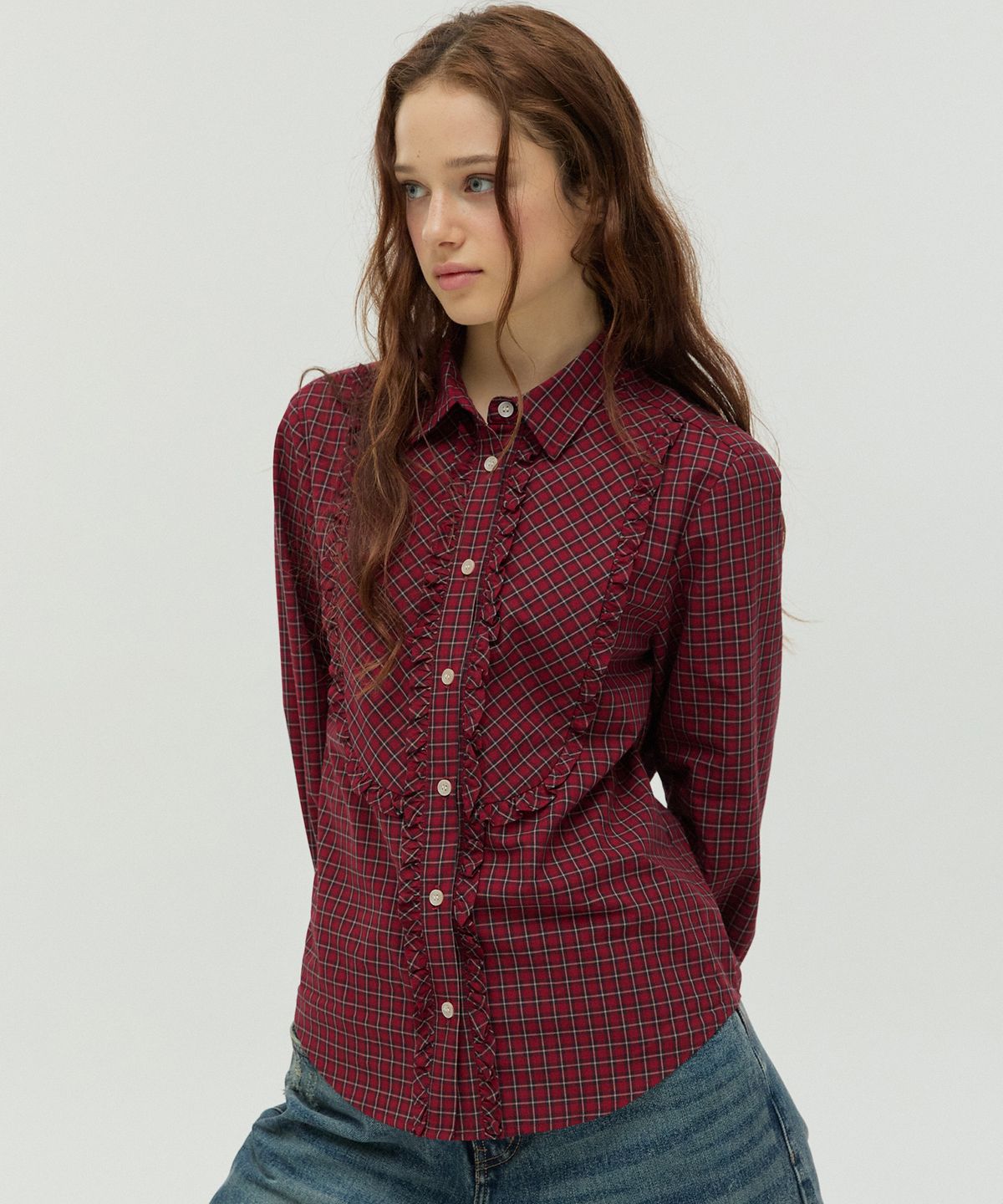 뉴루키(NEW LOOKY) Ruffled Checkered Shirt _Red
