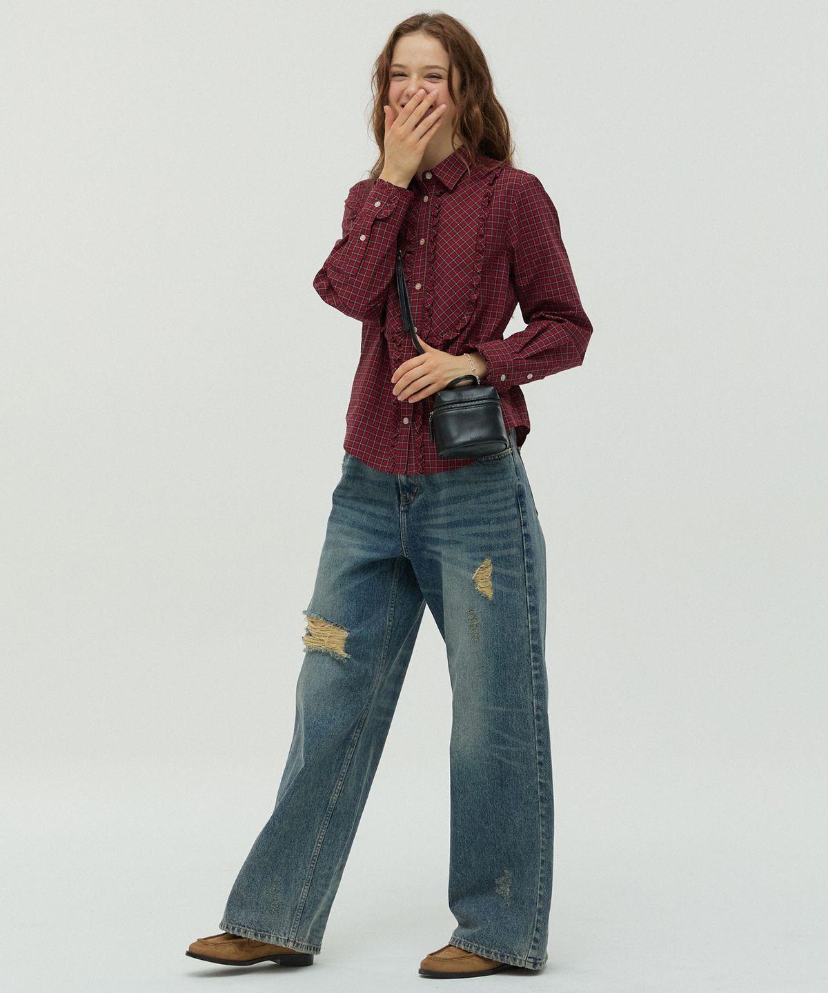 뉴루키(NEW LOOKY) Ruffled Checkered Shirt _Red