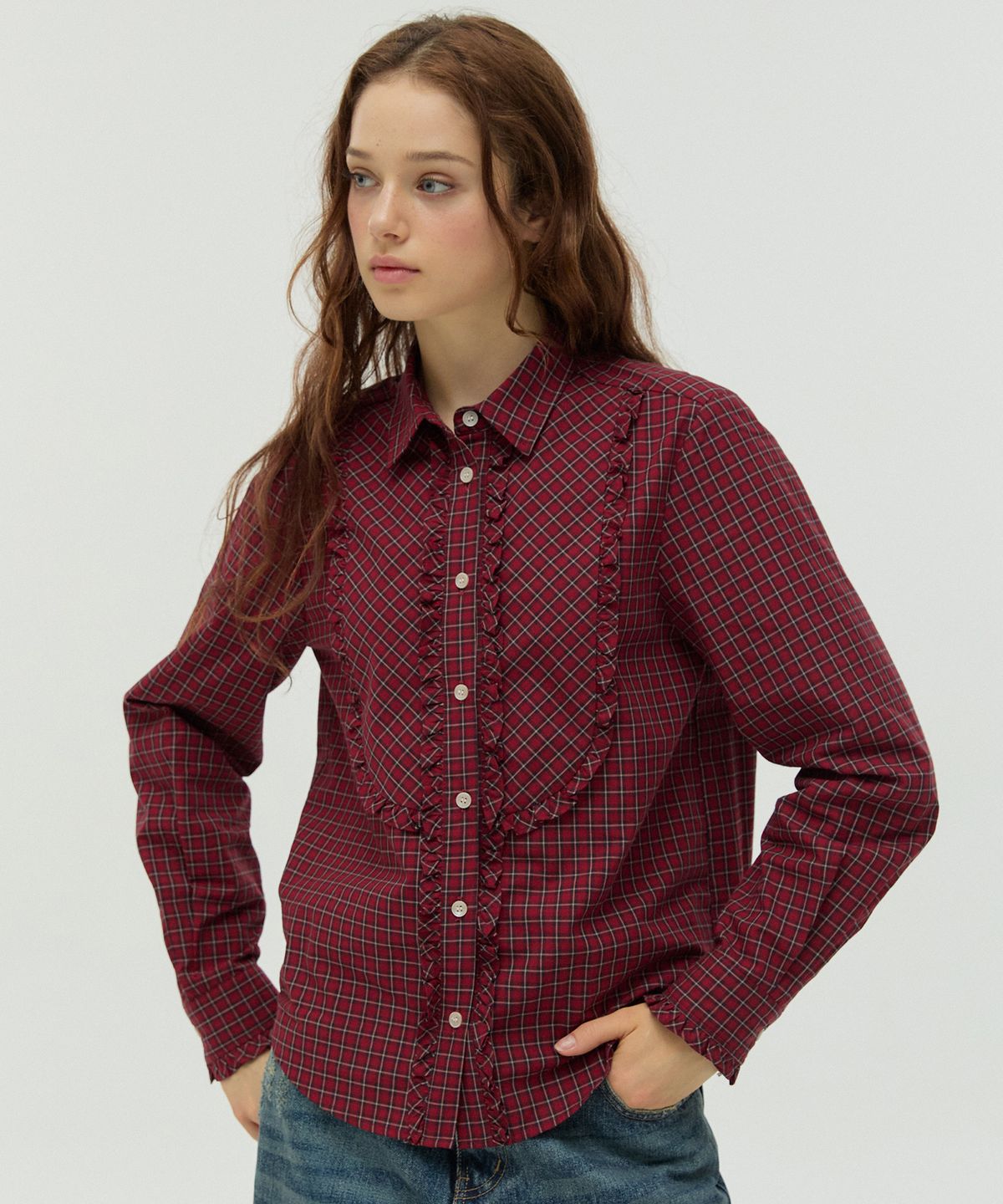 뉴루키(NEW LOOKY) Ruffled Checkered Shirt _Red