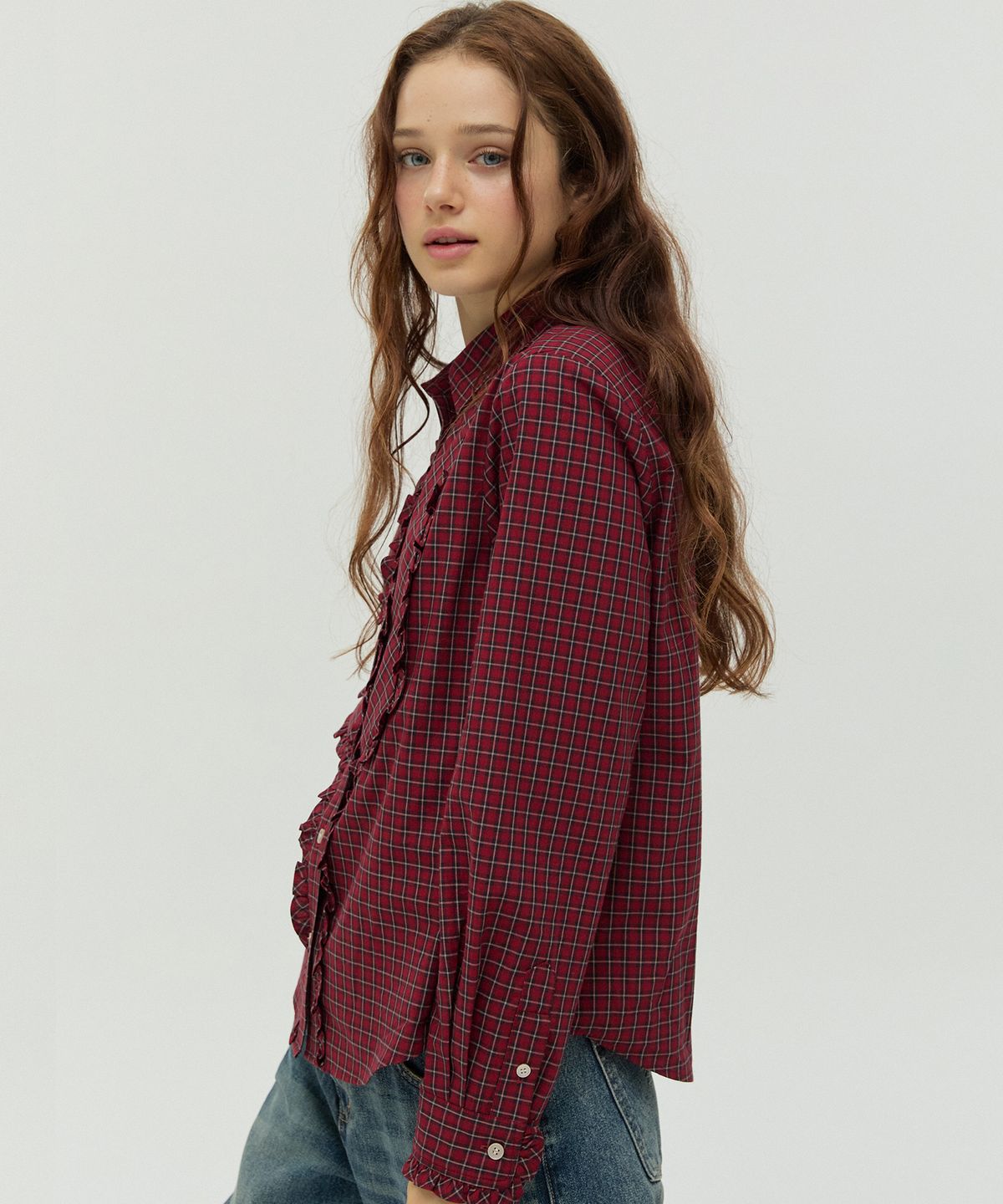 뉴루키(NEW LOOKY) Ruffled Checkered Shirt _Red