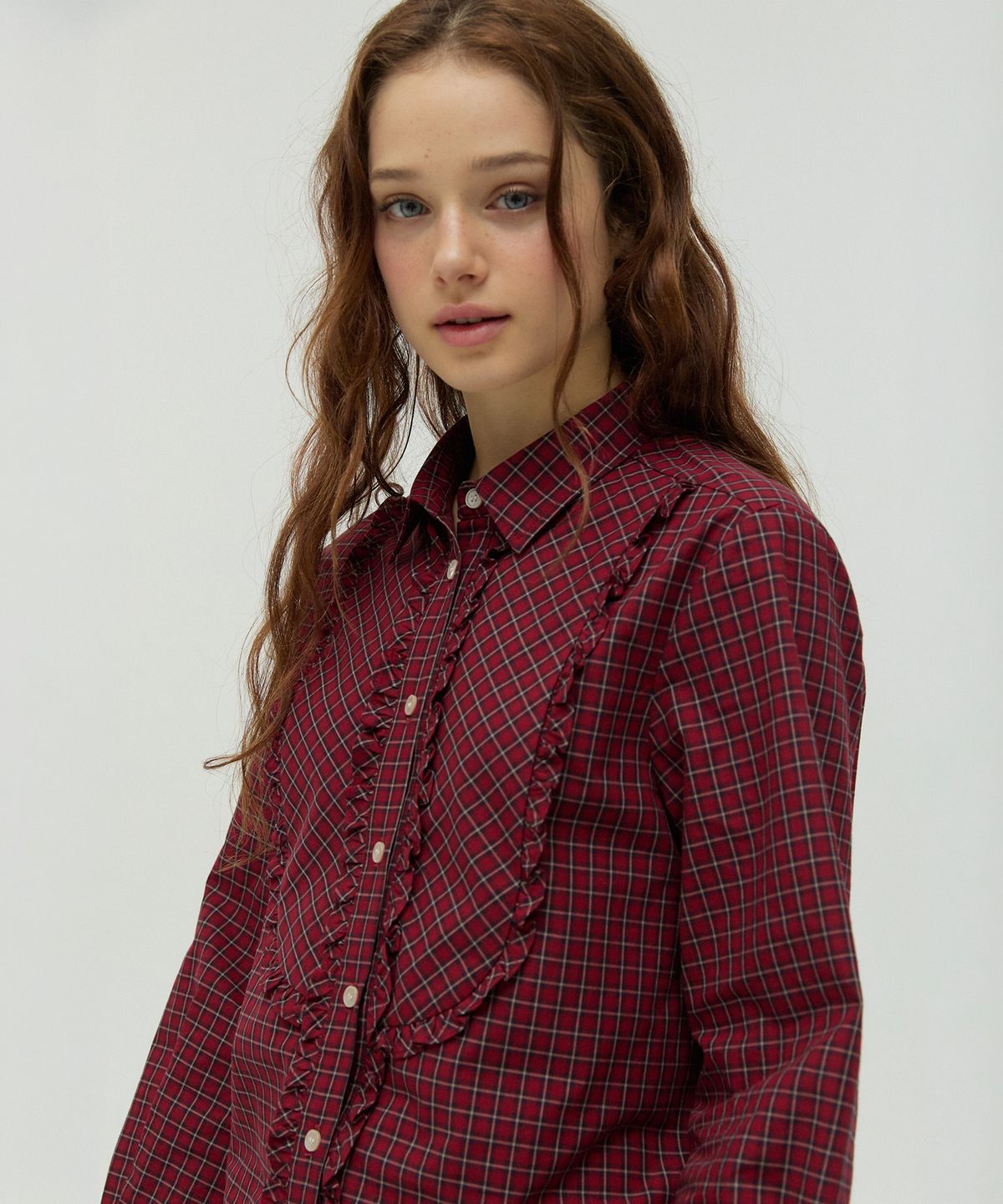 뉴루키(NEW LOOKY) Ruffled Checkered Shirt _Red