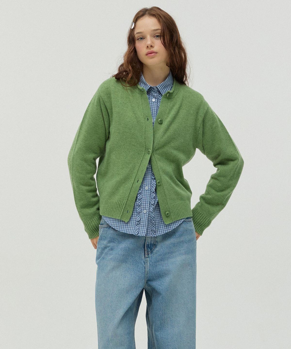 뉴루키(NEW LOOKY) Round neck merino wool cardigan_Green