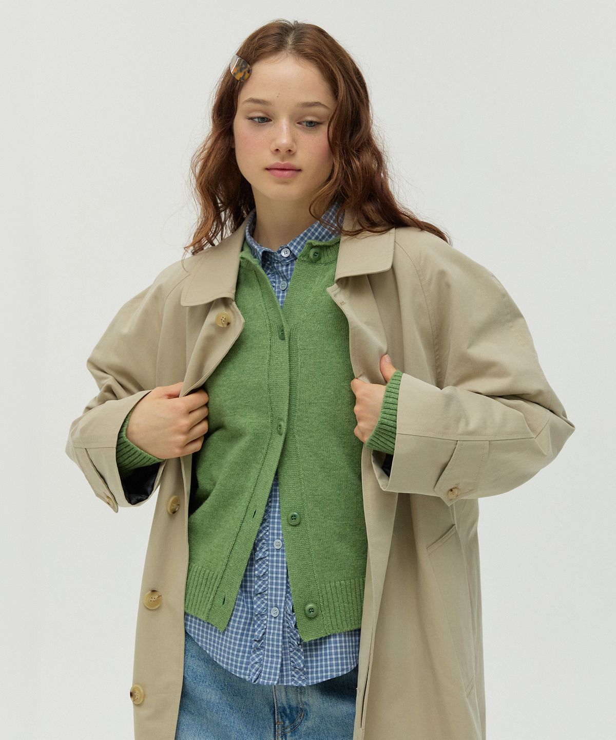뉴루키(NEW LOOKY) Round neck merino wool cardigan_Green