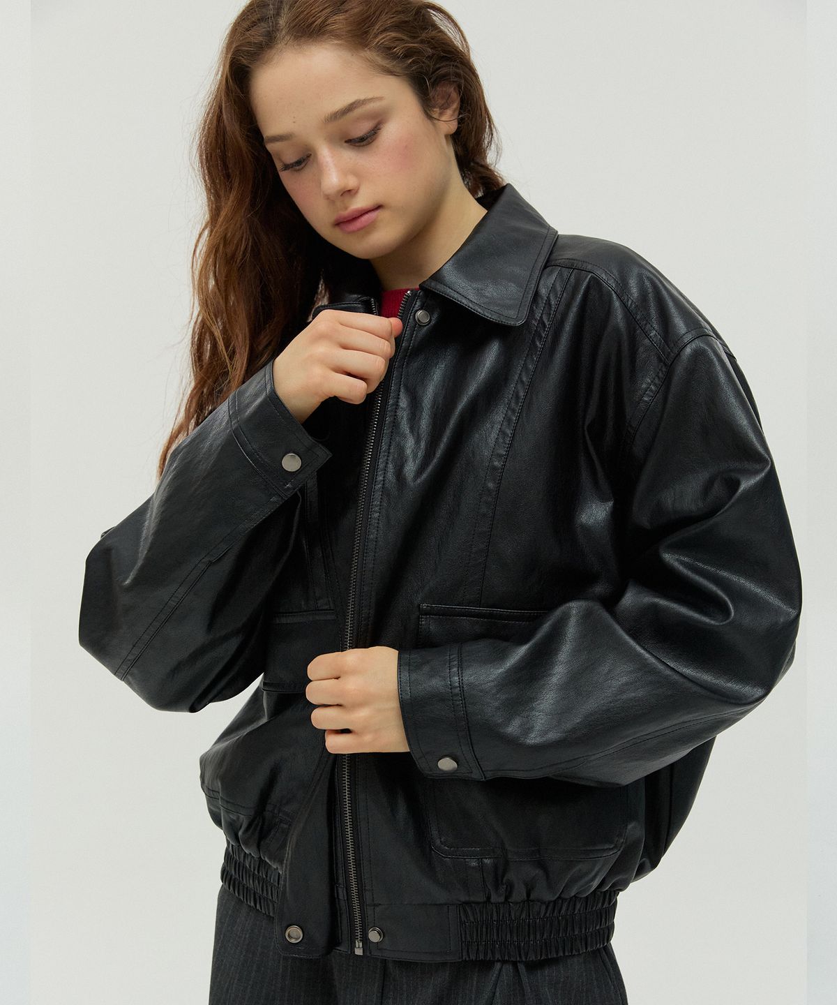 뉴루키(NEW LOOKY) Oversized Leather Blouson_Black