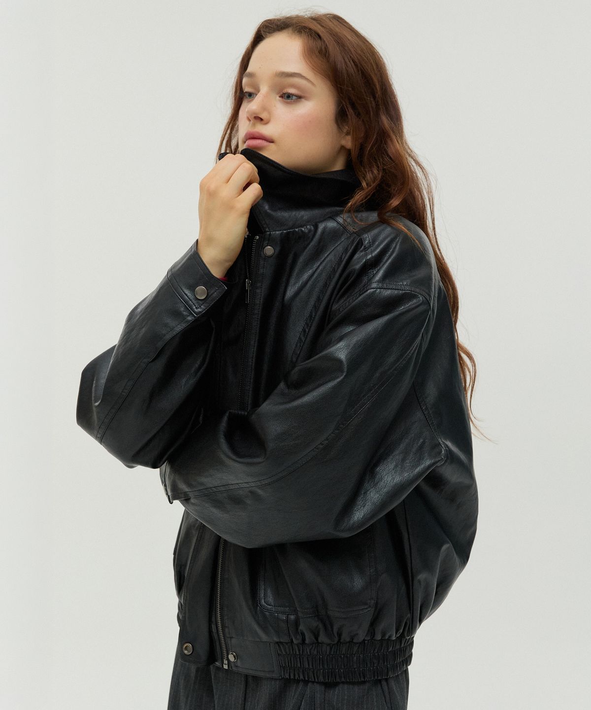 뉴루키(NEW LOOKY) Oversized Leather Blouson_Black