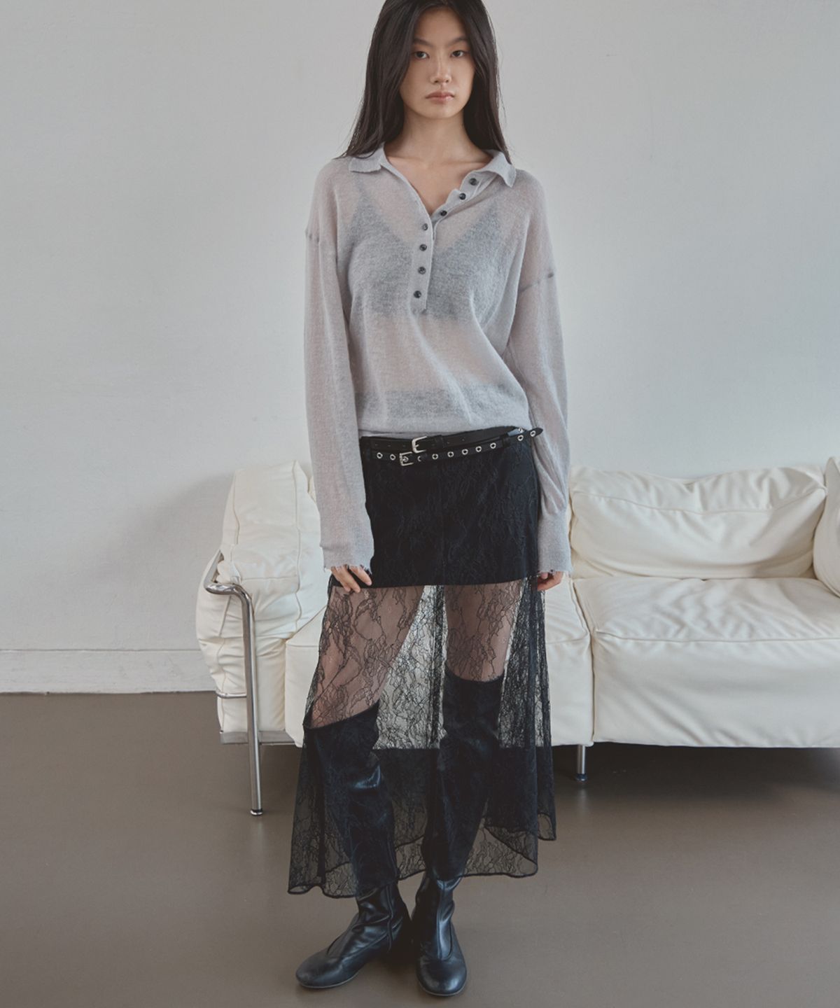시그레이트(SIGREAT) ALPACA SHEER COLLAR KNIT_GREY