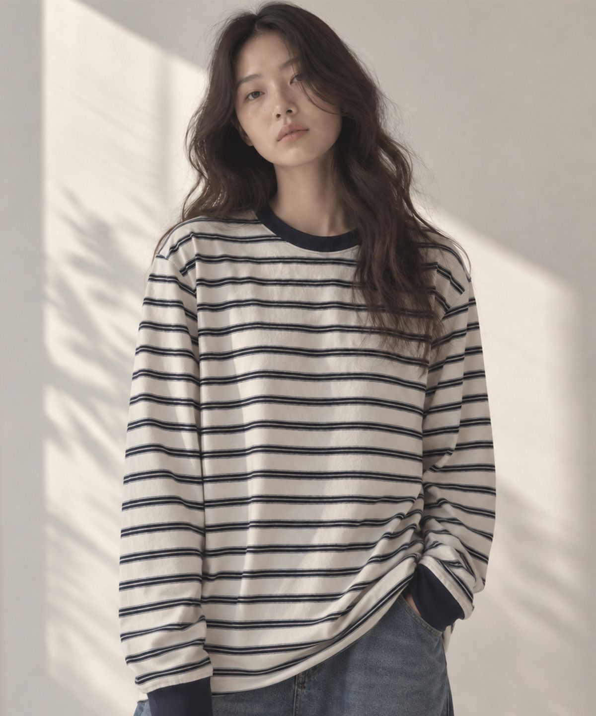 사유(SAYUU) 스트라이프 비스킷 긴팔 티 아이보리