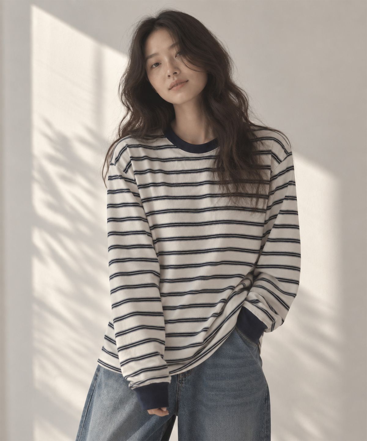 사유(SAYUU) 스트라이프 비스킷 긴팔 티 아이보리